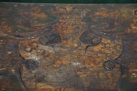 Folk art bench depicting family crest for F. Usher De Voll