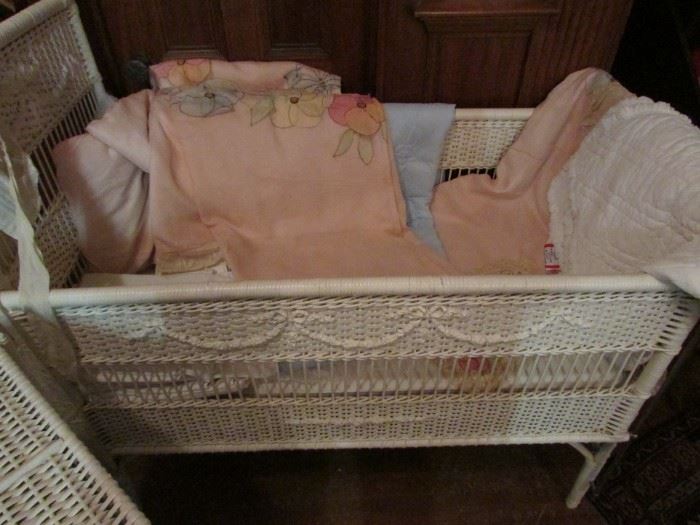 Vintage Wicker Crib and Bedding
