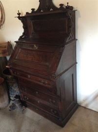 1800's Walnut and Burl Desk.  One of a kind.  All parts there.  Needs restoring.  Good condition.