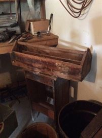 This is a wonderful antique wood carpenters Box.  Look at the wood bench it is sitting on.