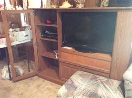 Oak Media Cabinet, flat Screen TV, DVD Player