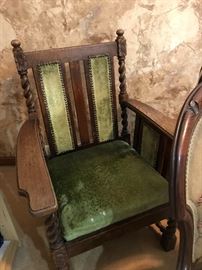 Vintage heavy chair with green velvet upholstery 