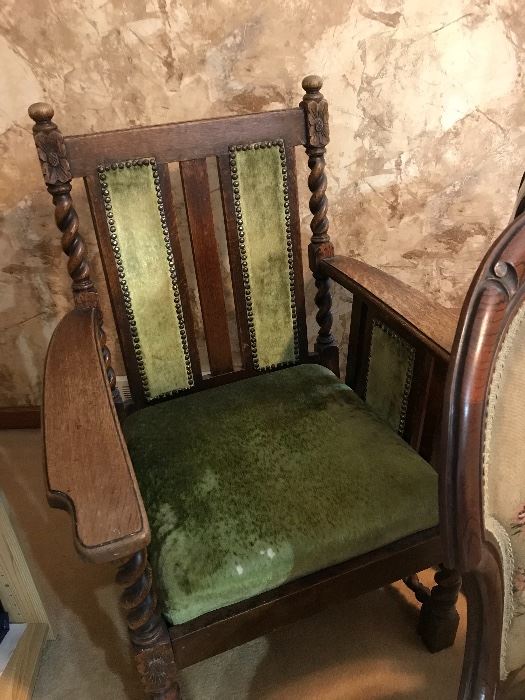 Vintage heavy chair with green velvet upholstery 