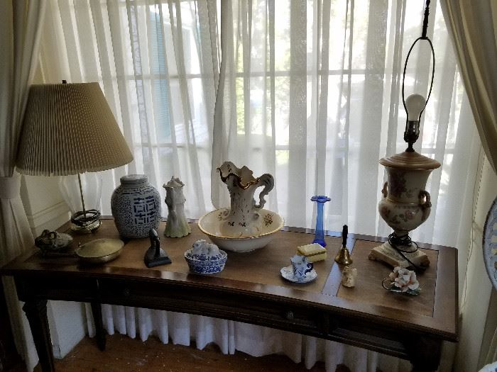 Porcelain lamps & misc, meerschaum pipe, antique iron