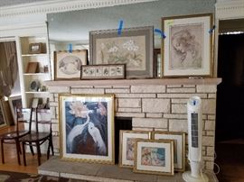 Side chairs, peacock print picture, Harrison Fisher "Greatest Moments in a Girls Life" picture, Leonardo DiVinci Print "Study for the Face of the Virgin Mary".