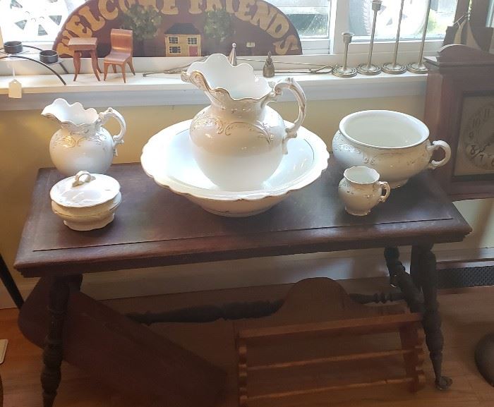Vintage Wash Basin set - Vintage tiger oak table with glass ball/claw feet