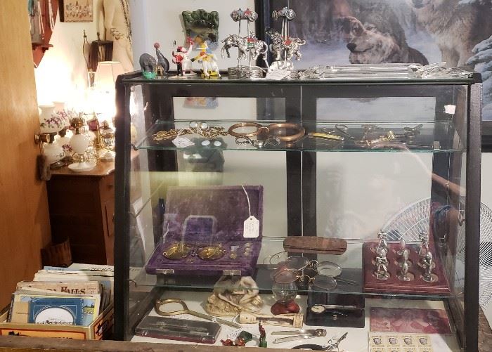 Vintage plastic circus set, crystal prisms, copper bull rings, moonstone earrings, gold filled antique eye glasses, pewter football game, misc.
