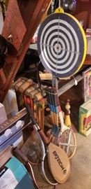 Vintage dart board, croquet set
