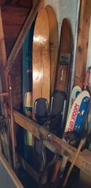 Vintage water skis, including Snoopy kid's skis
