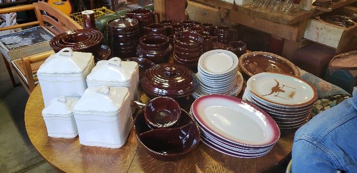 Set of vintage dark brown Marcrest dishes from the 1950's/60's, vintage restaurant platters, rooster platter, white canister set