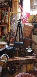 Vintage surveyor's Transit, stand, case, Vintage Swedish medical stretcher, crossing guard signs, Vintage movie projector items, baskets