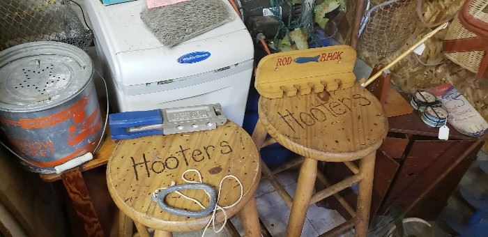 Vintage Hooter's bar stools and misc. fishing