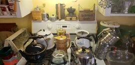 Vintage coffee pots, sifters, coffee grinders, kitchen items