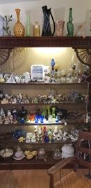 Misc. glassware, dozens of oil lamps, tiny to large, animal figurines, Wade figurines