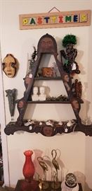 Vintage folk art display shelf w/painted faces, red electric lamp, electric white noise machine