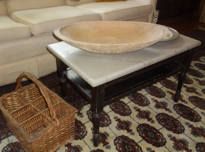 Marble top coffee table w/wooden dough bowl