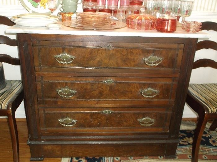 Victorian three drawer burl front marble top chest