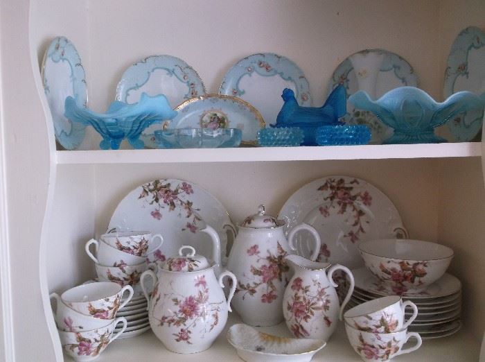 Hand painted china and blue opalescent glass