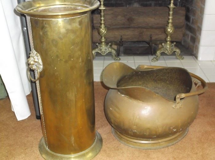 Brass umbrella stand, coal scuttle, and andirons