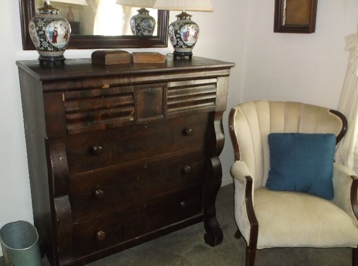 Empire chest of drawers w/mirror and channel back chair