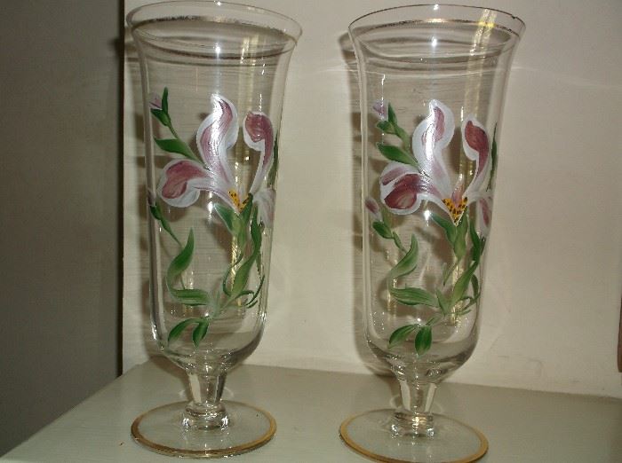 Pair of tall vases w/enameled flowers