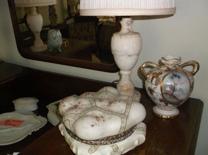  Wavecrest collar/cuff  box , Nippon vase  and pair of alabaster table lamps