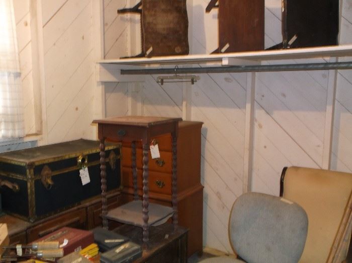 Small tables, foot locker, chest of drawers