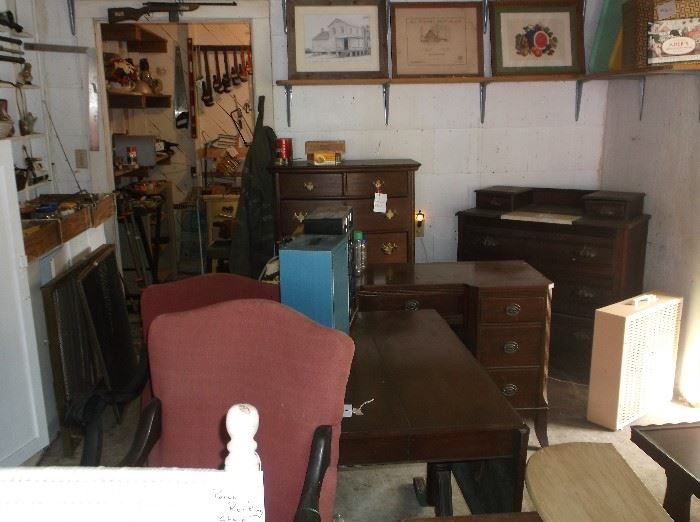 Tables, marble top dresser, chest of drawers,  chairs,
