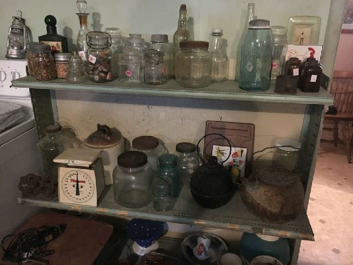 Bottles, jars, scale, smut pot, cast iron pot