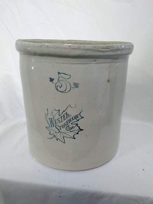 Western Stoneware Co, 5 Gallon Crock, Blue Maple Leaf Logo  https://ctbids.com/#!/description/share/47071