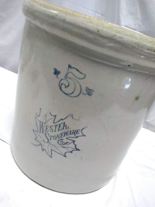 Western Stoneware Co, 5 Gallon Crock, Blue Maple Leaf Logo https://ctbids.com/#!/description/share/47071