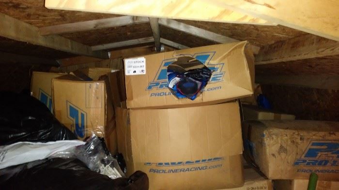 Entire shed full of new unopened Pro Line RC car parts.
