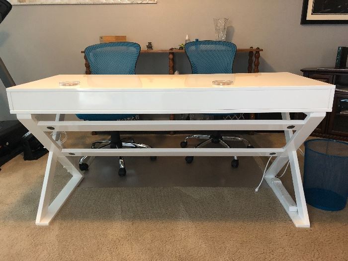 White lacquered desk and 2 really cool teal desk chairs