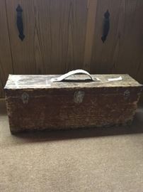 Primitive old red paint tool chest with tools. 
