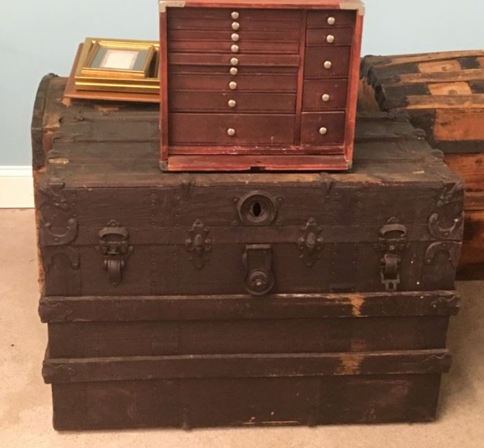 Old Trunk and Antique Portable Dental Cabinet 