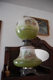 Hand painted "Gone with the Wind" style glass oil lamp, butter pat