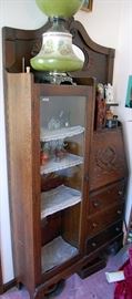Antique oak drop front secretary / china cabinet combo