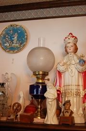 Unusual French enamel oil lamp, Religious icons from Church