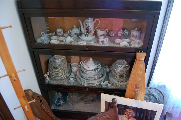 Lawyer's triple stack barrister bookcase, antique china, dulcimers