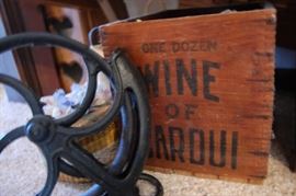 Cast iron barn pulley, advertising crate