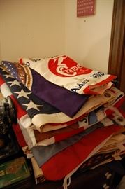 Antique flags, some advertising banners