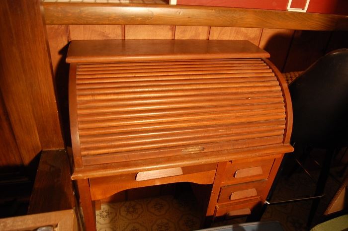 Antique child's oak roll top desk