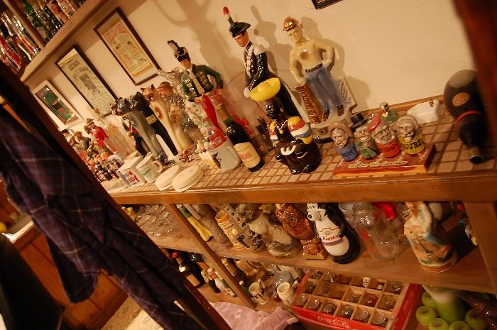 Many vintage decanters, liquour bottles
