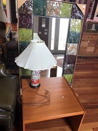 Lamp, mirror, side table