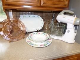 Pink "Cabbage Rose" Depression glass cake plate, Sunbeam "MixMaster"