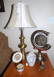 Brass gong, Chokin plate and pin dish, Oriental ginger jar, Asian man fishing figurine, 1 of a pair of brass lamps with embroidered shades