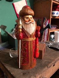 Hand carved and decorated wooden Santa from Russia. Signed