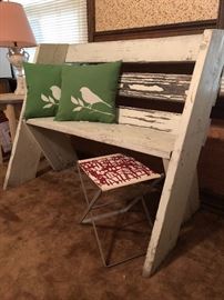 Contemporary style barn wood bench and small camping style stool with fabric from Hable Construction