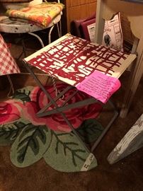 Camp site style x frame folding stool with designer fabric by Hable Construction of NY. The Hable sisters were born and raised in Corsicana. Set Up and Photo by BC