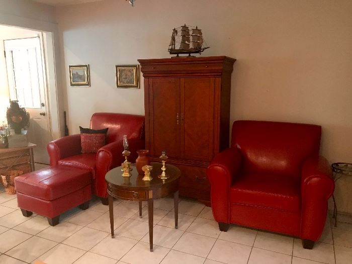 Red Leather Arm Chairs & ottoman, Vintage Occasional Table, Ship Model